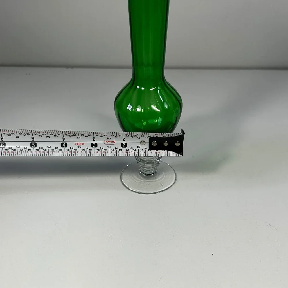 Vintage Emerald Green Art Glass Bud Vase Clear Stem Foot 8.5